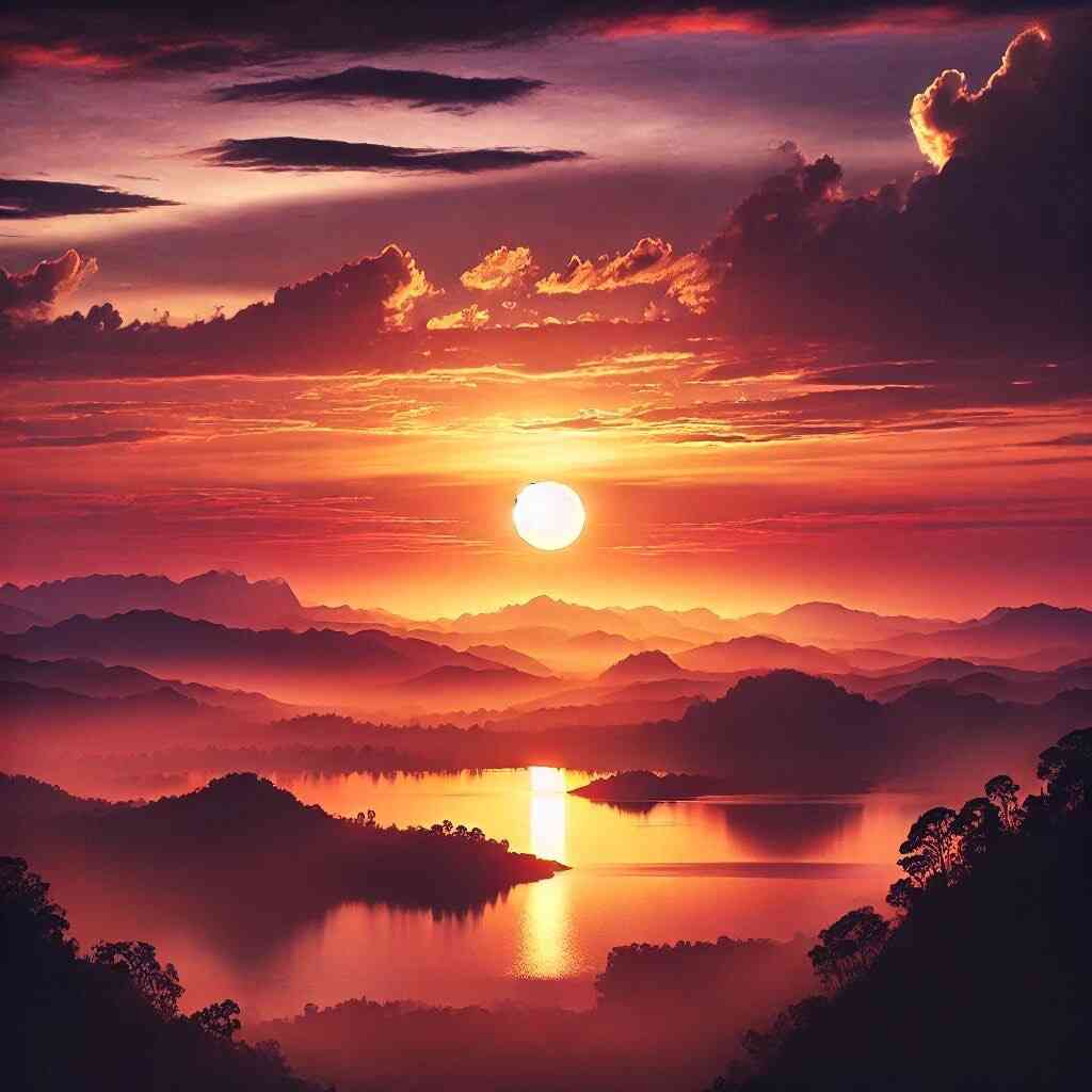 Malen nach Zahlen - Abendglut am Horizont, Sonnenuntergang über den Bergen, entspannende Landschaftsszene, beruhigende Malaktivität