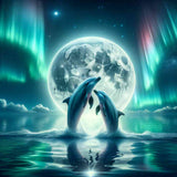 Painting by numbers - Dancing dolphins under a full moon with northern lights in the background