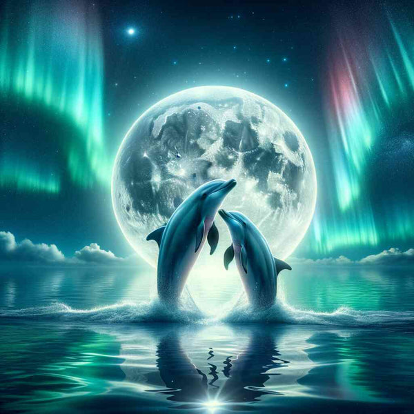 Painting by numbers - Dancing dolphins under a full moon with northern lights in the background