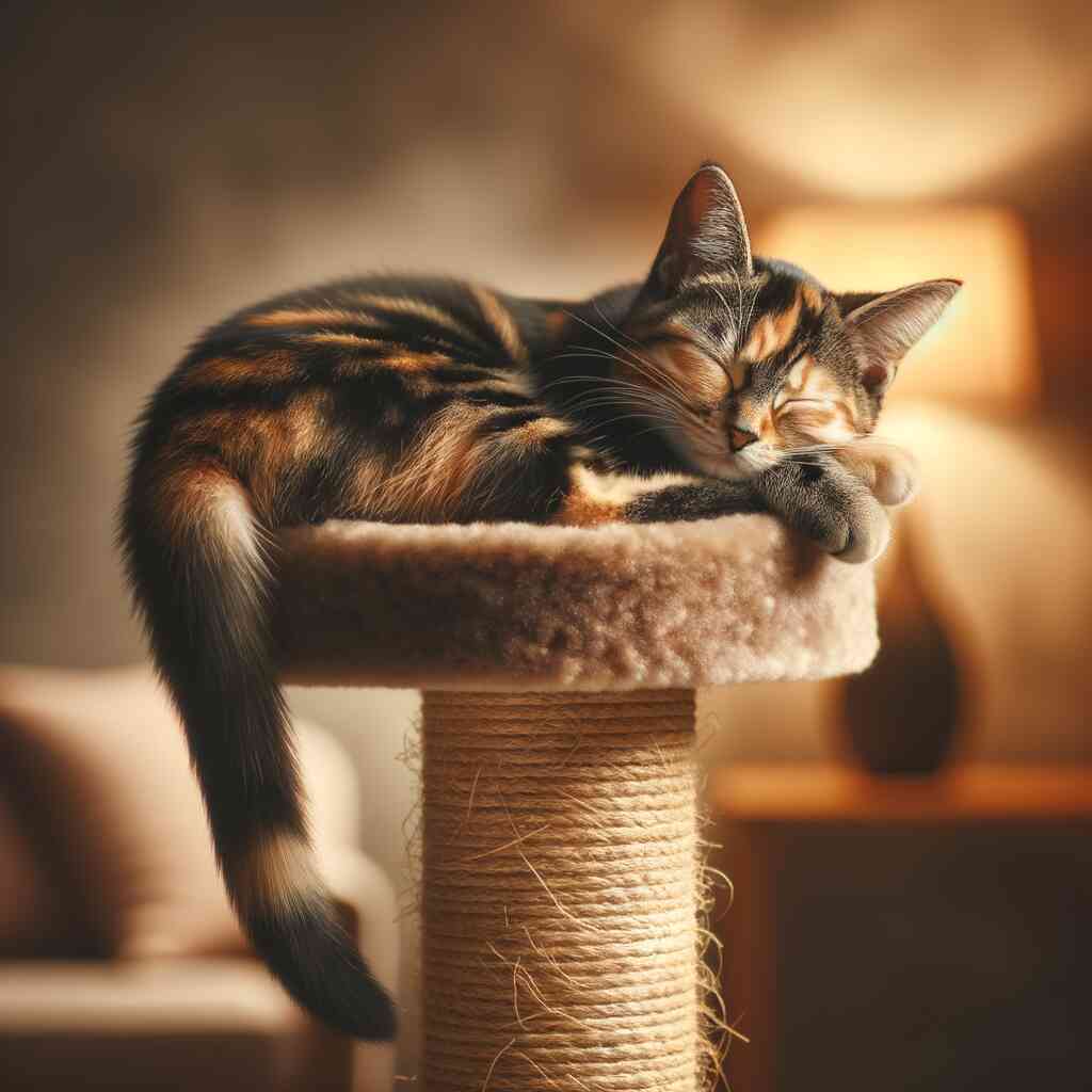 Cat sleeping peacefully on a cat tree in a cozy, warmly lit room