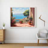 Gerahmtes Bild Mediterranes Flüstern mit Terrasse und Meerblick in modernem Wohnzimmer.