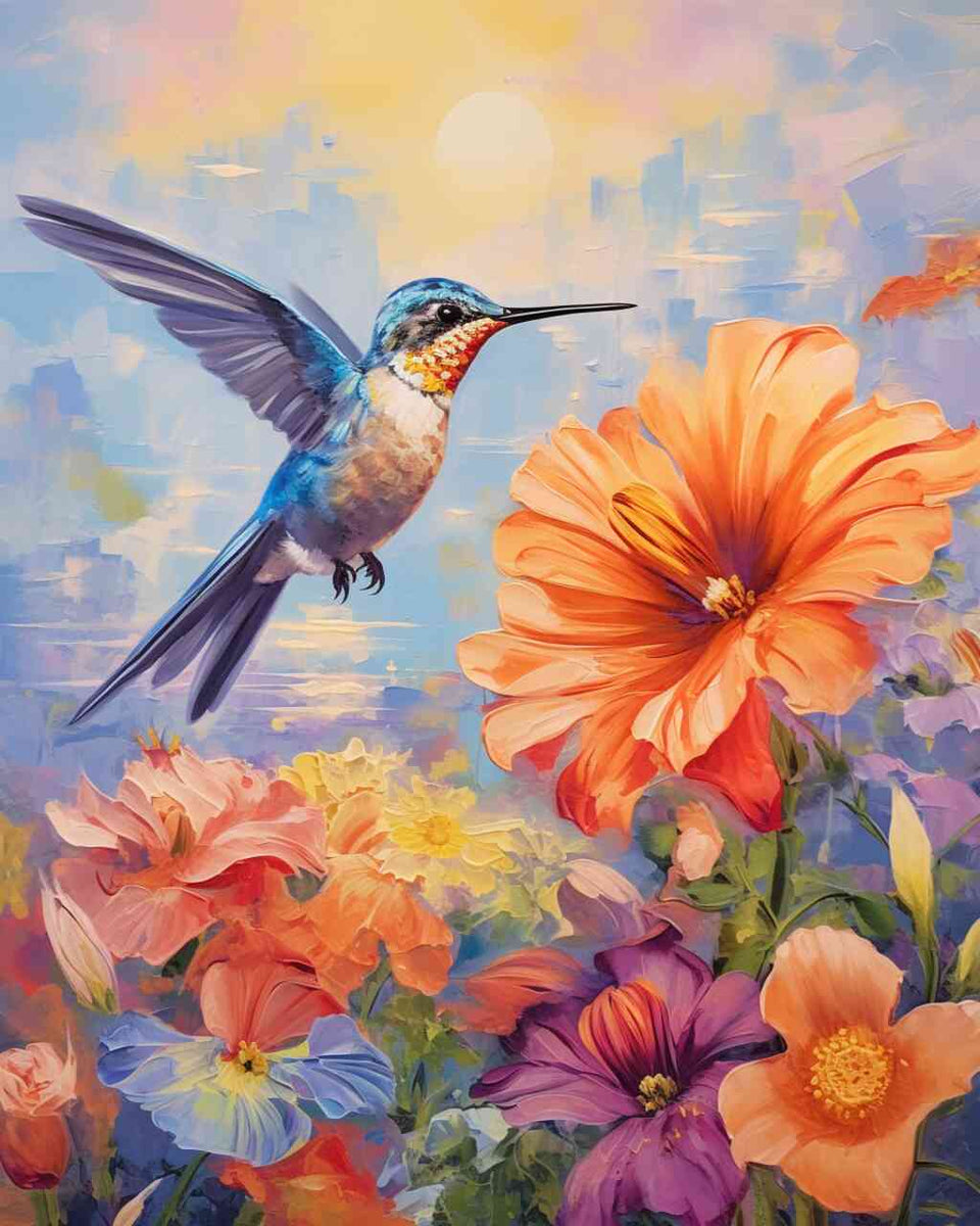 Kolibri schwebt über bunten Blumen im impressionistischen Stil, Gemälde "Himmelsfarbentanz" mit Goldener Dämmerung.