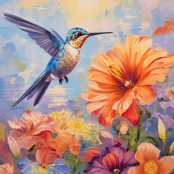 Kolibri schwebt über bunten Blumen im impressionistischen Stil, Gemälde "Himmelsfarbentanz" mit Goldener Dämmerung.