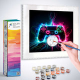 Painting by numbers kit featuring a vibrant neon game controller design, with paints, brush, and boxed set named 