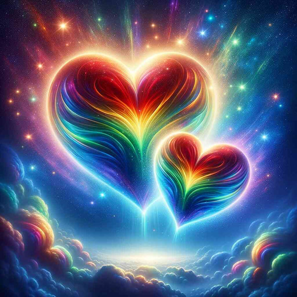 Cosmic heart melody painting with vibrant rainbow hearts against a starry sky, perfect for a relaxing paint-by-numbers experience