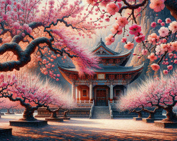 Haus umgeben von Pfirsichbaumblüten – Malen nach Zahlen