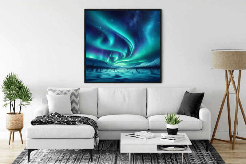 Living room with white sofa and Malen nach Zahlen - Polarlichter Wunderland painting on the wall