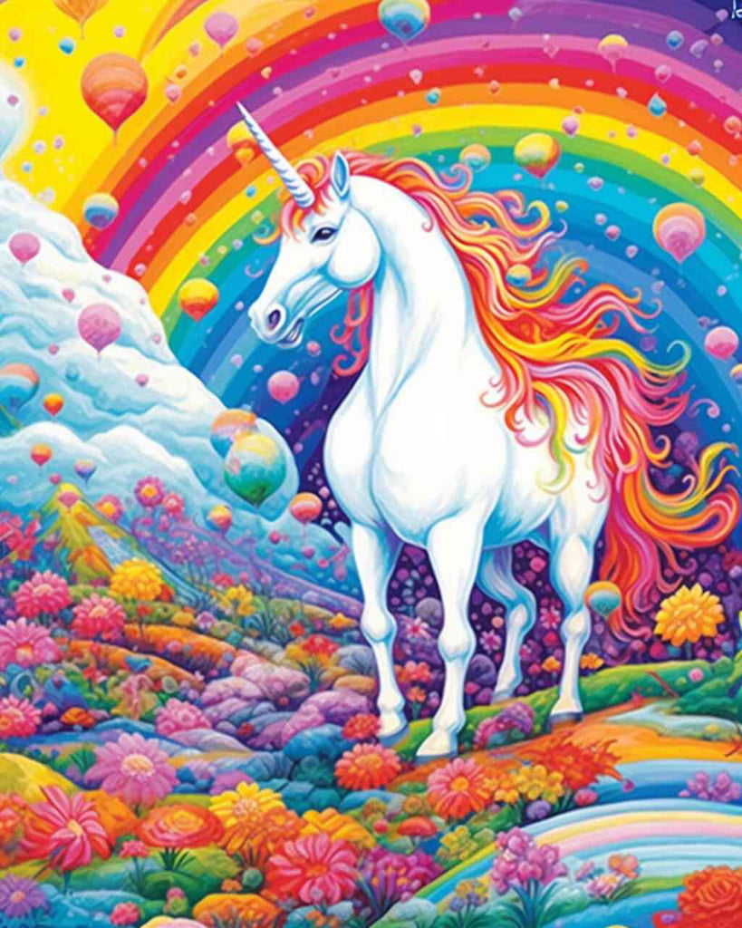 Majestic white unicorn with rainbow mane over colorful hills and floating islands in a vibrant fantasy wonderland.