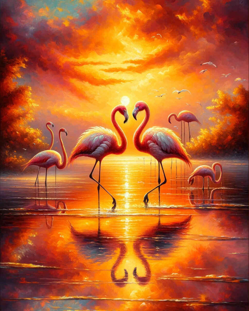 Rosa Flamingo, Sonnenuntergang – Malen nach Zahlen