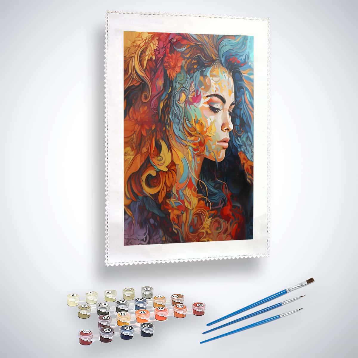 Malen nach Zahlen Set – Junge Frau mit Blumenhaar, inklusive Farben und Pinsel für entspannendes Kunstschaffen