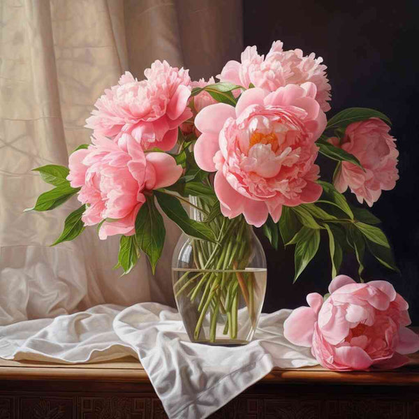 Painting of delicate pink peonies in a glass vase against a dark background, exuding timeless beauty and romance.