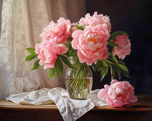 Painting of delicate pink peonies in a glass vase against a dark background, exuding timeless beauty and romance.
