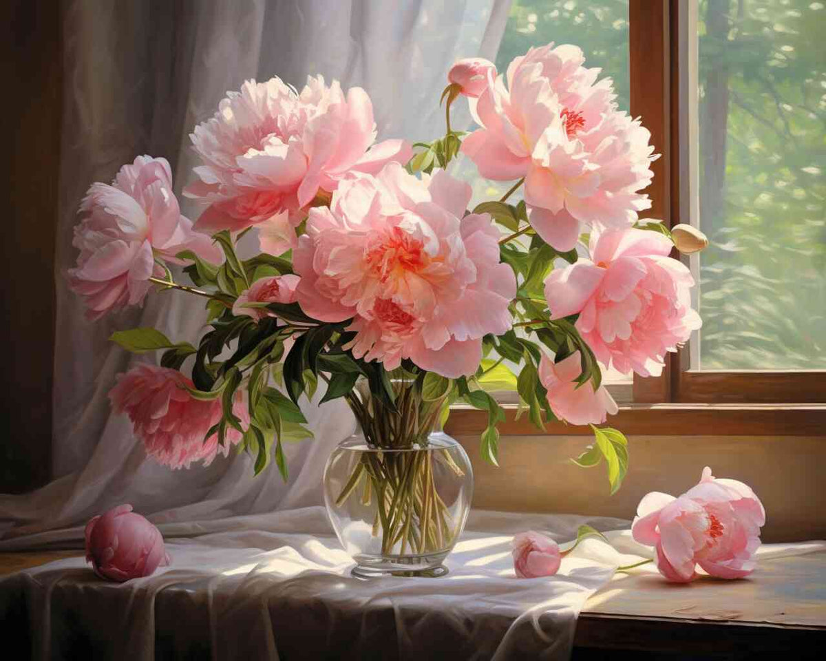Malen nach Zahlen - Morgenlicht und Pfingstrosen in Glasvase am Fenster, entspannte Eleganz eines stillen Morgens, rosa und weiße Blumen.