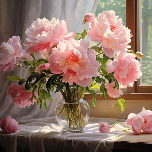 Malen nach Zahlen - Morgenlicht und Pfingstrosen in Glasvase am Fenster, entspannte Eleganz eines stillen Morgens, rosa und weiße Blumen.