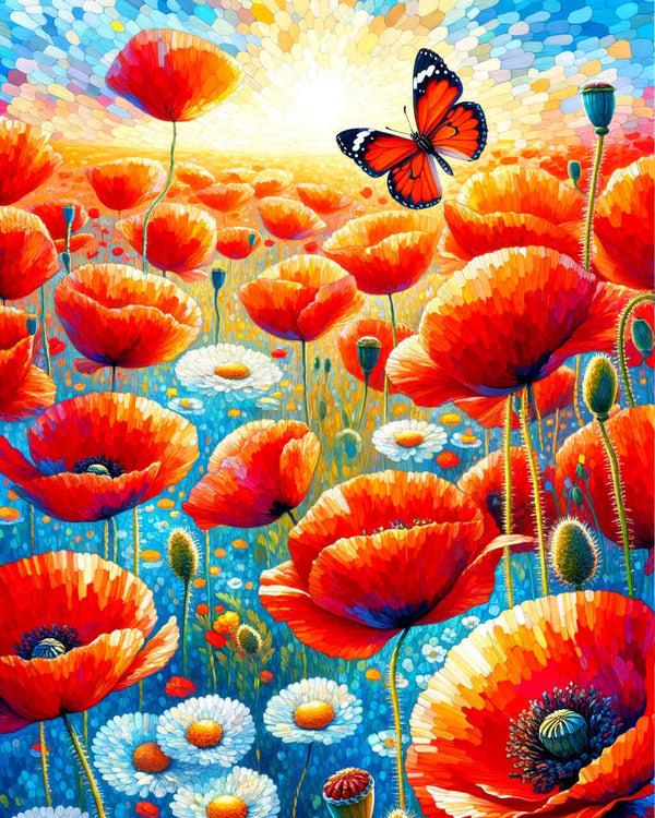 Mohnblumen, Schmetterling – Malen nach Zahlen