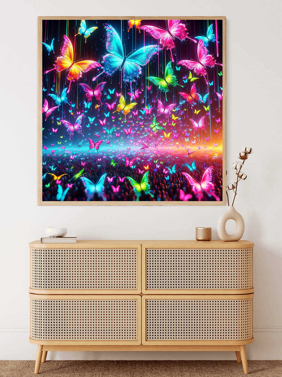 Colorful butterfly painting hanging above a wooden dresser in a modern interior.