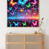 Colorful butterfly painting hanging above a wooden dresser in a modern interior.