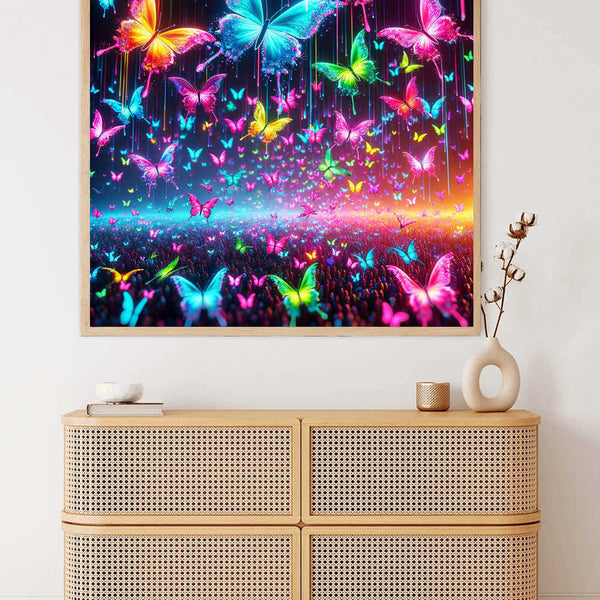 Colorful butterfly painting hanging above a wooden dresser in a modern interior.