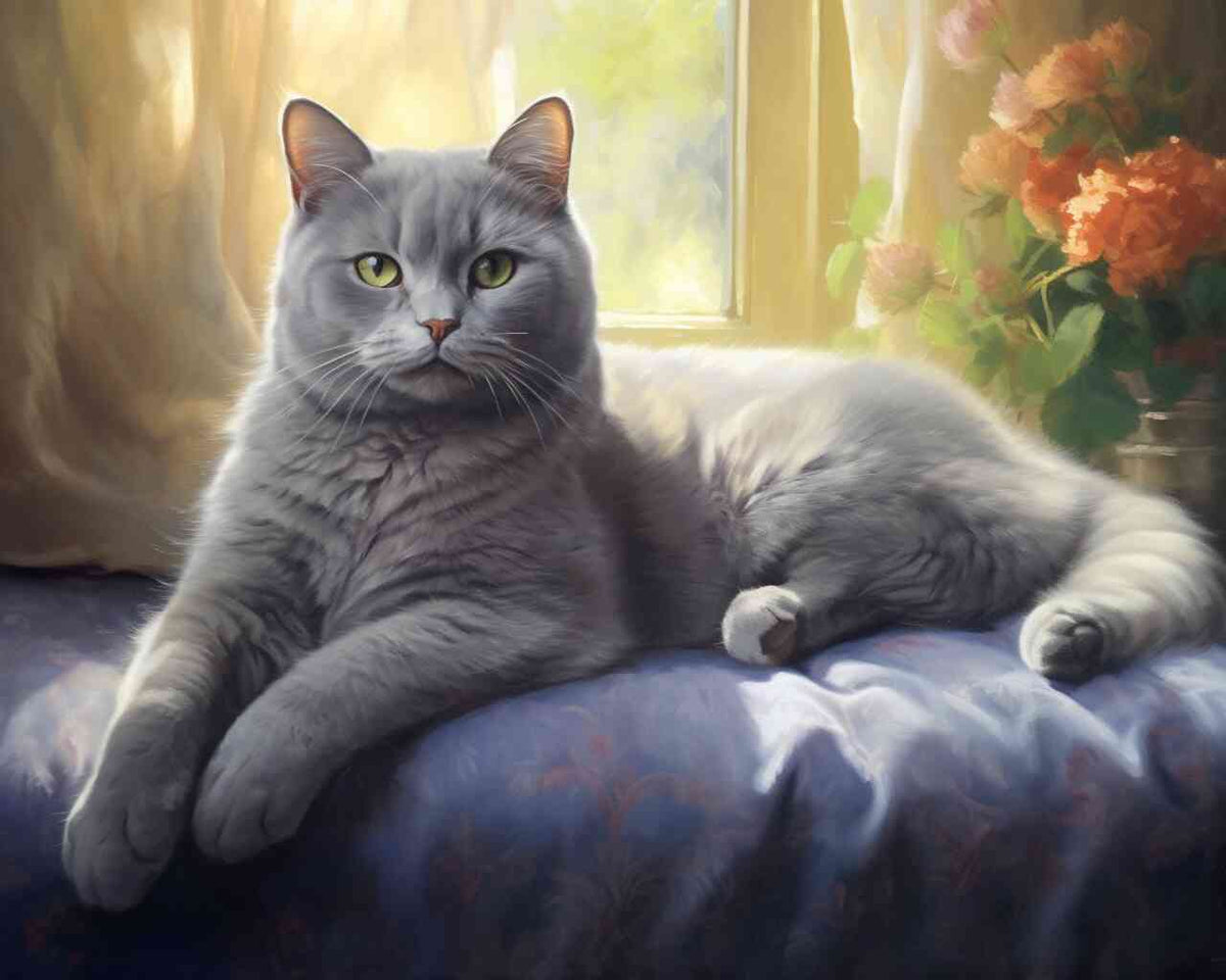 Graues Kätzchen ruht majestätisch auf blauem Samtkissen vor einem Fenster, umgeben von goldenen Vorhängen und blühenden orangefarbenen Blumen.