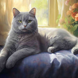 Graues Kätzchen ruht majestätisch auf blauem Samtkissen vor einem Fenster, umgeben von goldenen Vorhängen und blühenden orangefarbenen Blumen.