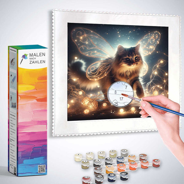 Paint by Numbers kit with a product called "Zauber der Sternennacht" featuring a fairy-tale cat painting in progress.