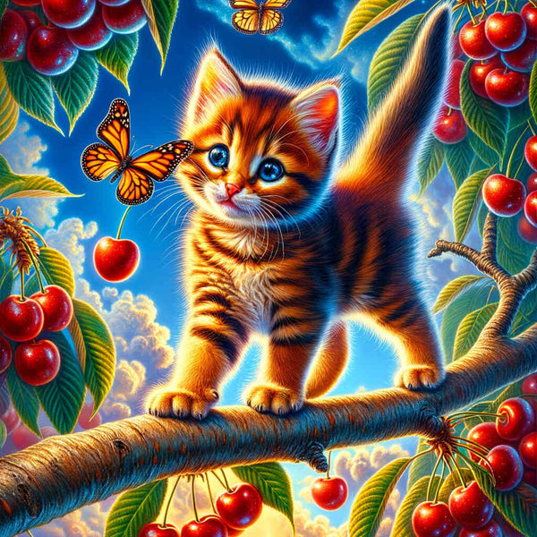 Katze auf Baum, Kirschen – Malen nach Zahlen