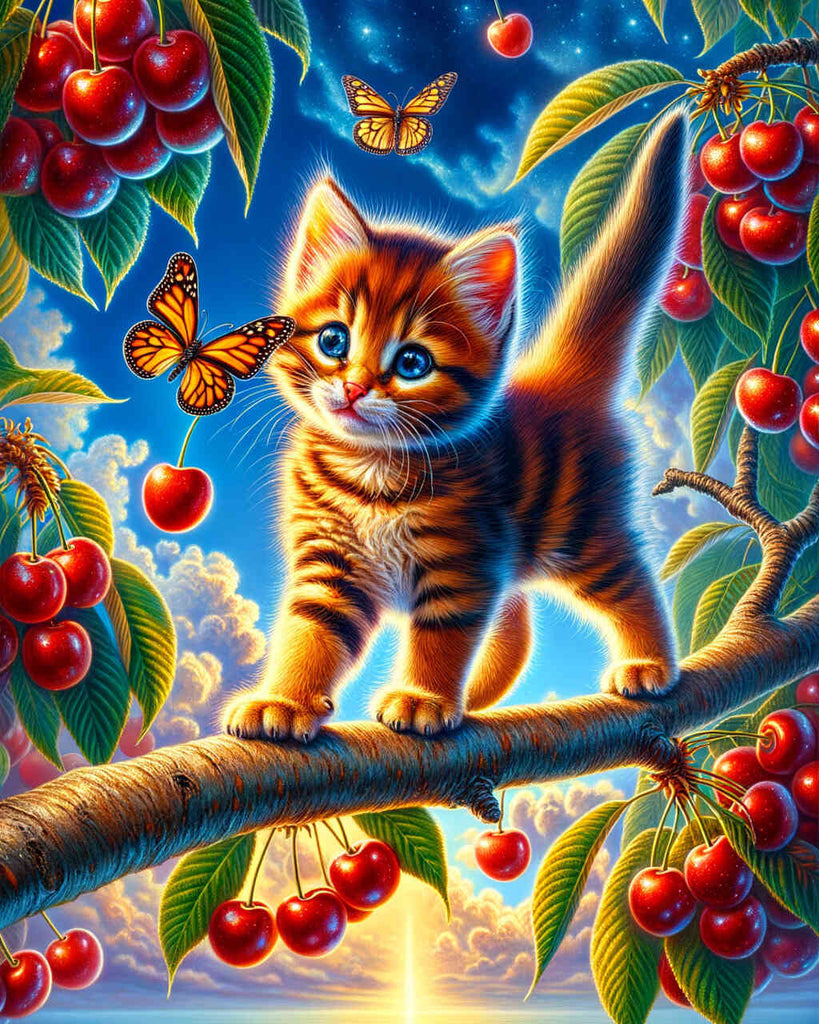 Katze auf Baum, Kirschen – Malen nach Zahlen