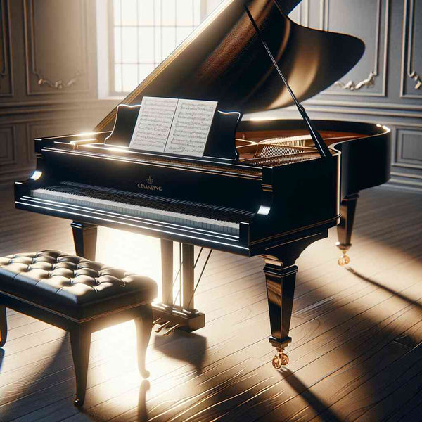 Elegant grand piano with sheet music in a sunlit classical room, emphasizing a serene and artistic ambiance.