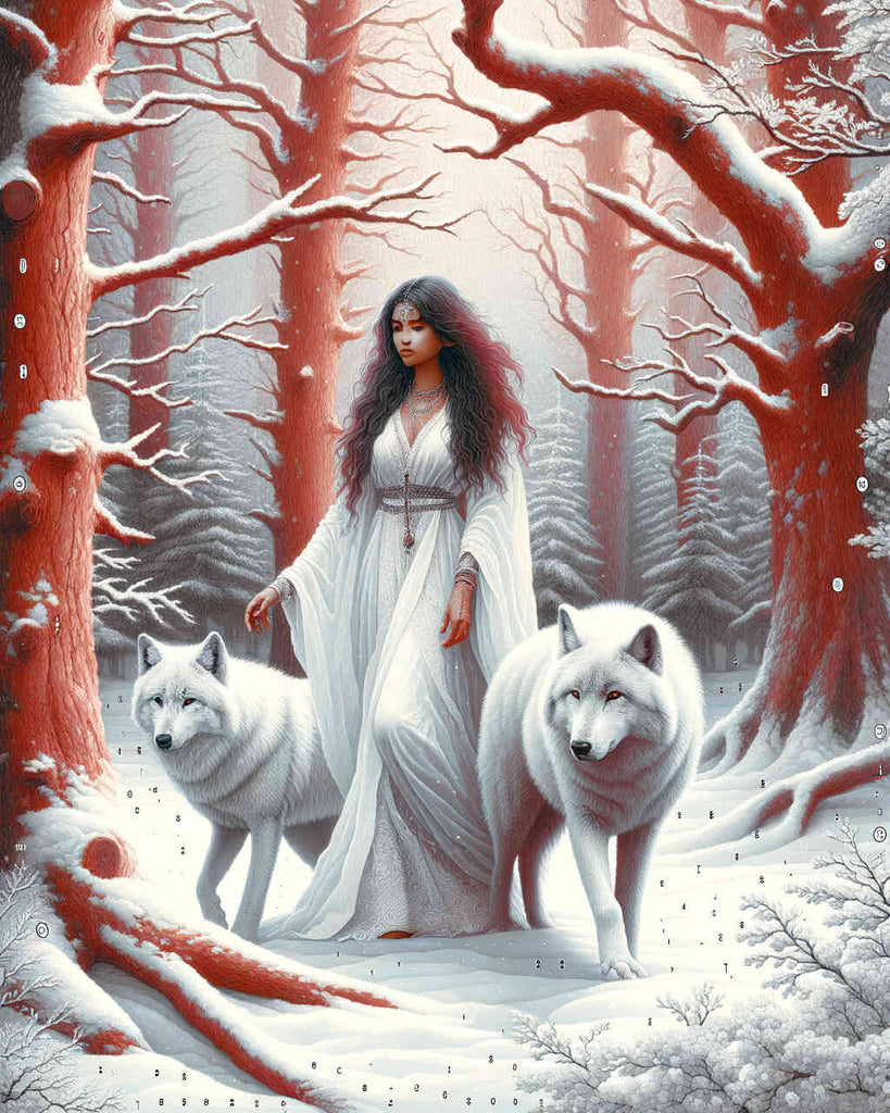 Frau mit weißen Wölfen