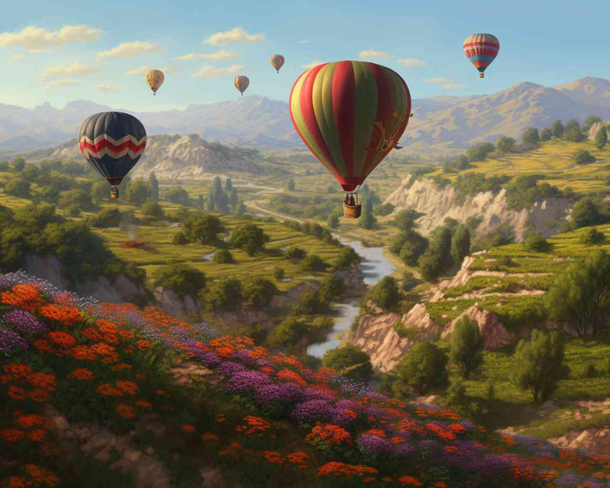 Heißluftballons schweben über bunte Blumen und grüne Täler in einer farbenfrohen Landschaft, inspiriert vom Kunstwerk "Himmelsflüsterer".