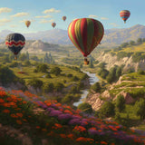 Heißluftballons schweben über bunte Blumen und grüne Täler in einer farbenfrohen Landschaft, inspiriert vom Kunstwerk 