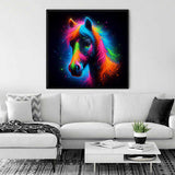 Cosmic color-themed paint by numbers artwork of a horse displayed in a modern living room.