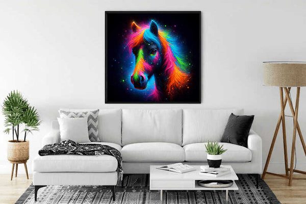 Cosmic color-themed paint by numbers artwork of a horse displayed in a modern living room.