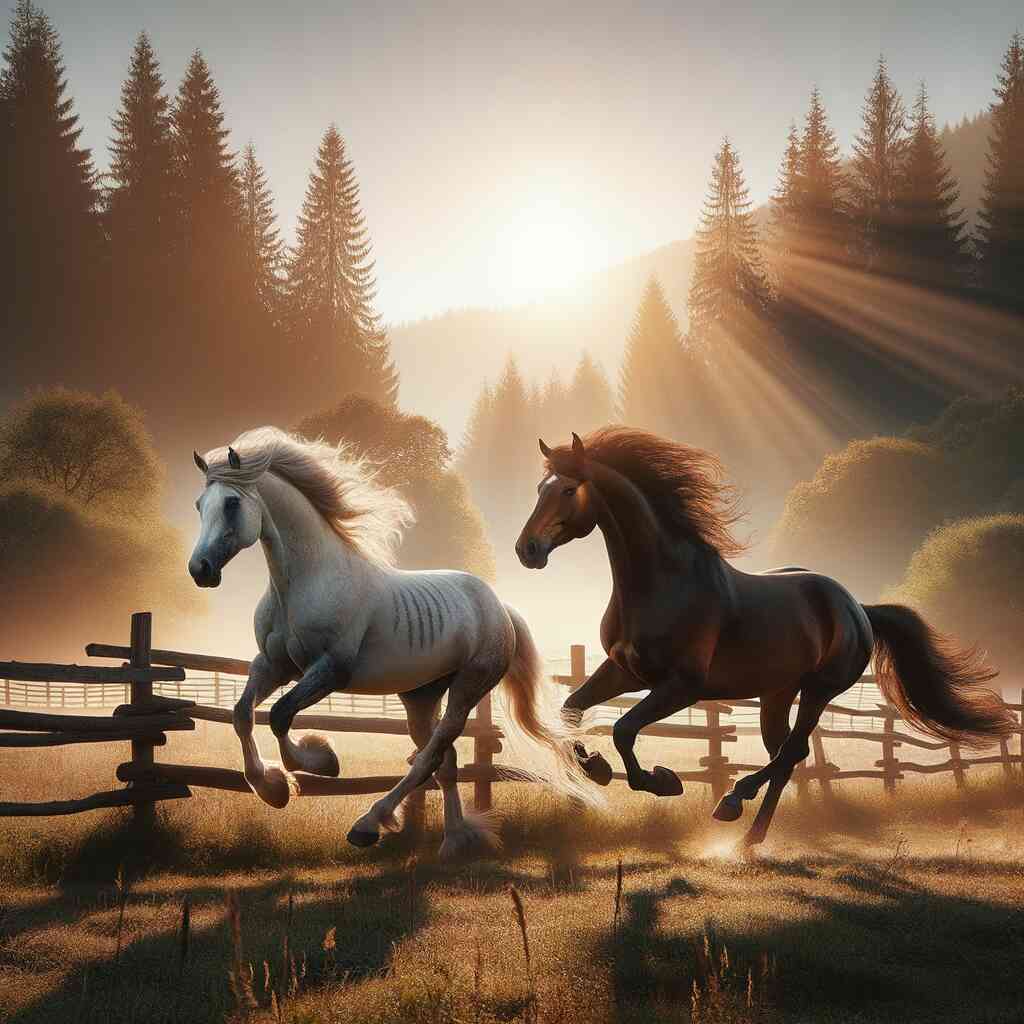 Two horses running freely in a sunlit meadow surrounded by forest, representing the "Malen nach Zahlen - Freiheit der zwei Pferde" painting.