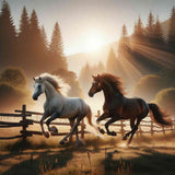 Two horses running freely in a sunlit meadow surrounded by forest, representing the 