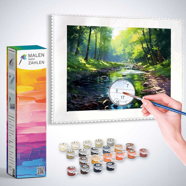 Malen nach Zahlen - Waldflüstern im Morgenlicht Kunstwerk mit Pinseln und Farben, Darstellung eines waldbedeckten Flusses bei Sonnenaufgang
