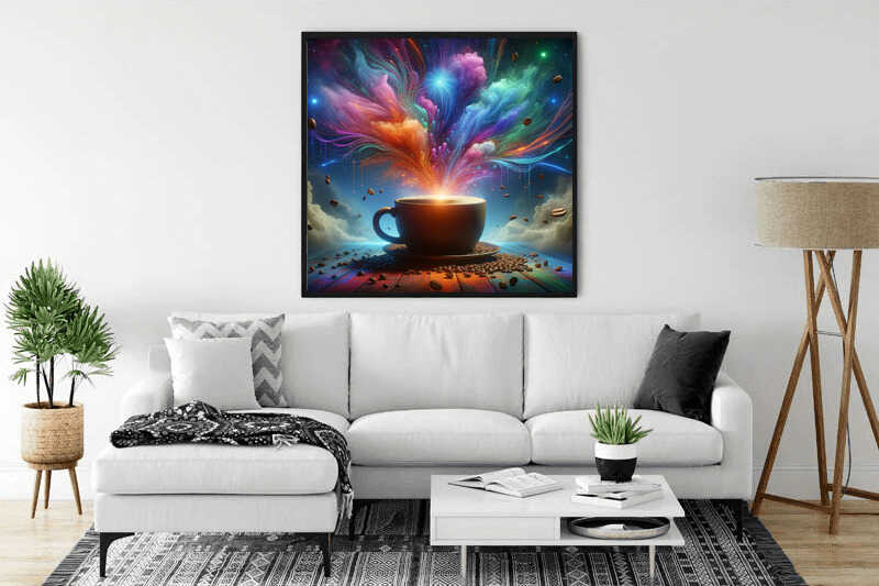 Painting of a cosmic coffee cup with colorful cosmic elements, placed in a modern living room with a white sofa.