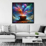 Painting of a cosmic coffee cup with colorful cosmic elements, placed in a modern living room with a white sofa.