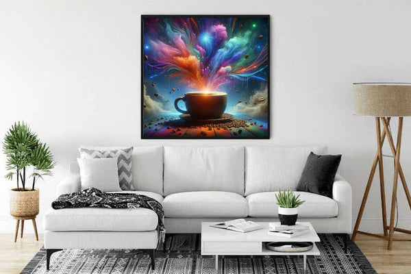 Painting of a cosmic coffee cup with colorful cosmic elements, placed in a modern living room with a white sofa.