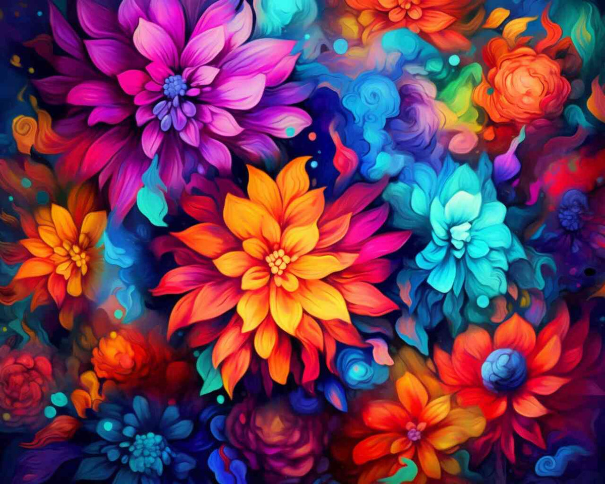 Kaleidoskopartiges Blumenmeer in lebendigen Farben, Malen nach Zahlen - Farbenrausch der Gefühle, expressionistisches Kunstwerk