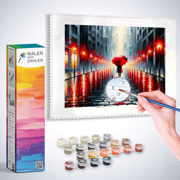 Stadt, roter Regenschirm – Malen nach Zahlen