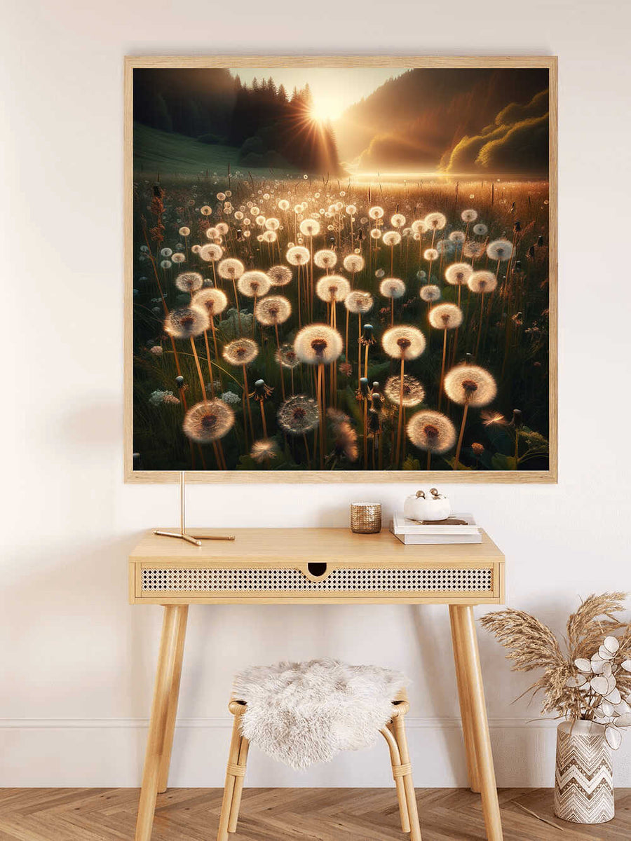 Painting of morning light over a dandelion field displayed above a desk, creating a serene and relaxing ambiance