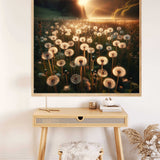 Painting of morning light over a dandelion field displayed above a desk, creating a serene and relaxing ambiance