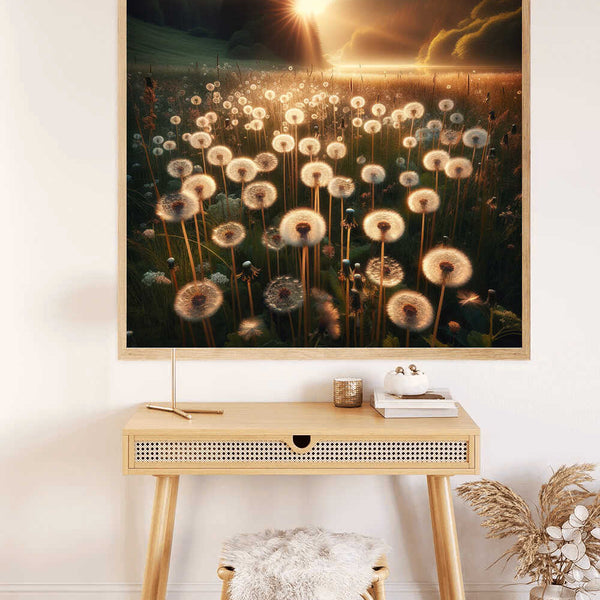 Painting of morning light over a dandelion field displayed above a desk, creating a serene and relaxing ambiance