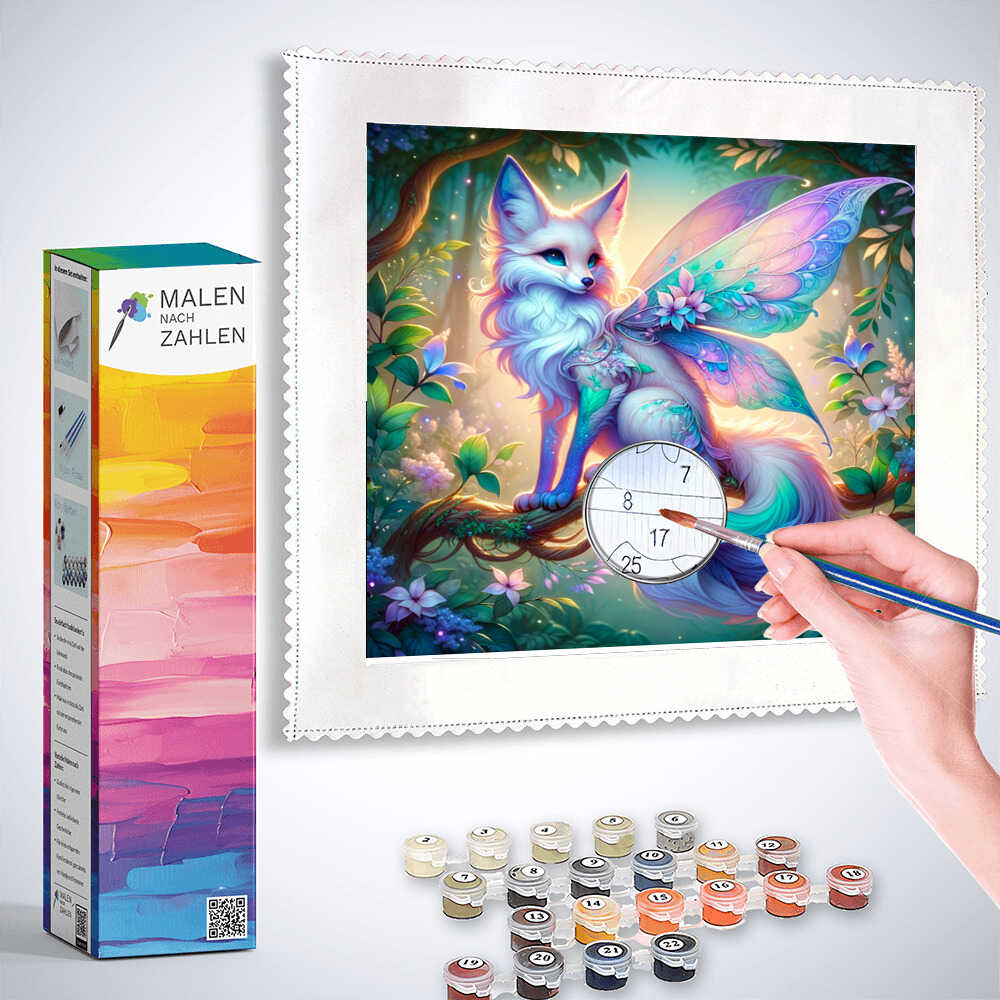 Painting by numbers kit "Waldgeflüster der Magie" featuring a whimsical fox with fairy wings in a colorful forest and painting supplies.