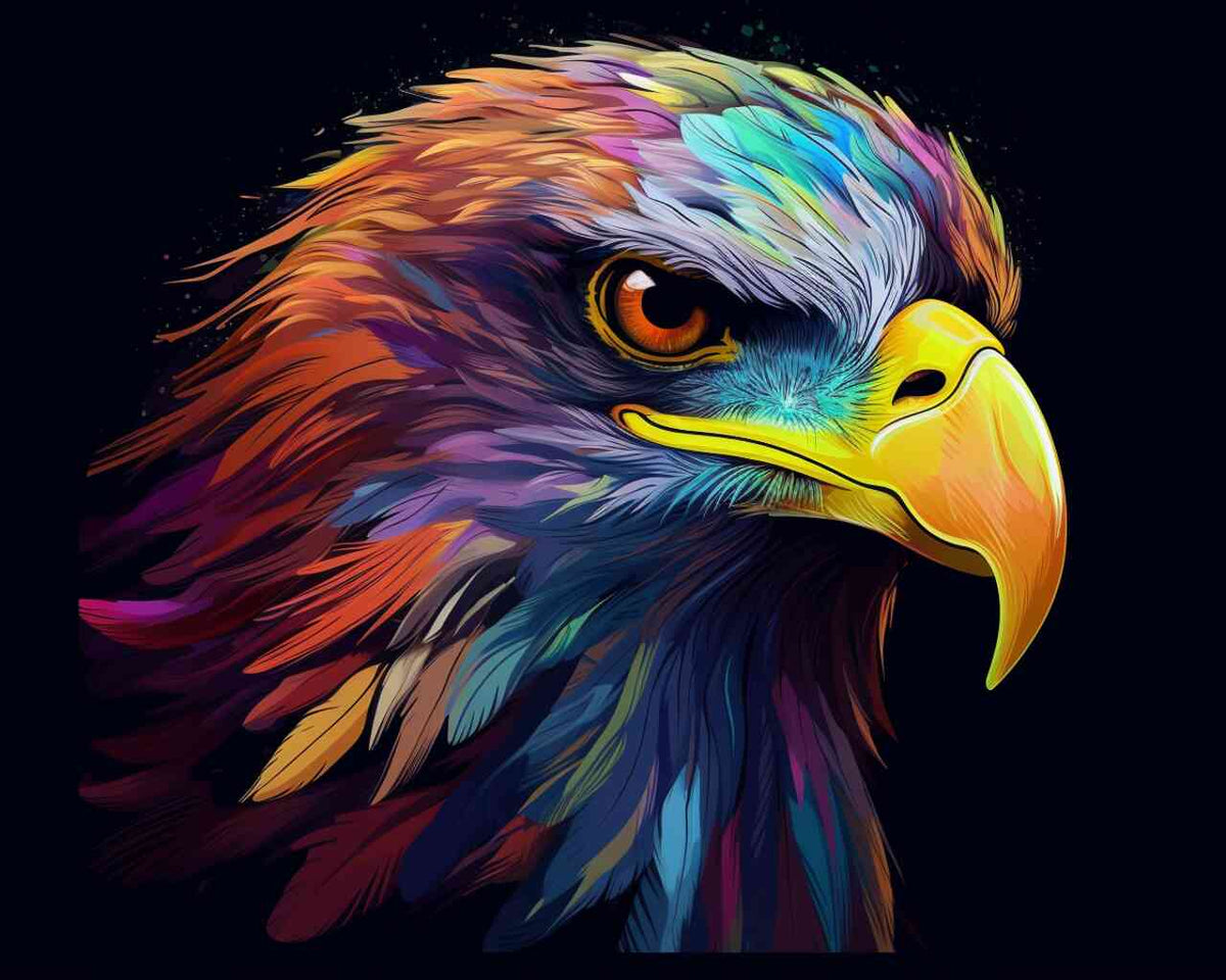 Adler mit funkelnden Augen, umgeben von leuchtenden, bunten Federn, im Kunstwerk "Farbenpracht des Geistes" im Malen nach Zahlen-Format