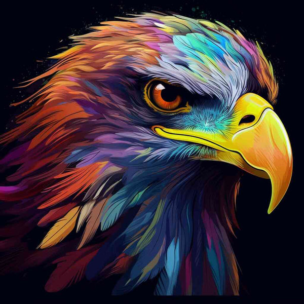 Adler mit funkelnden Augen, umgeben von leuchtenden, bunten Federn, im Kunstwerk "Farbenpracht des Geistes" im Malen nach Zahlen-Format