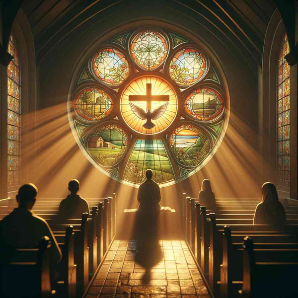 People sitting in church pews facing a large, radiant stained glass window with religious symbols, illuminated by sunlight.