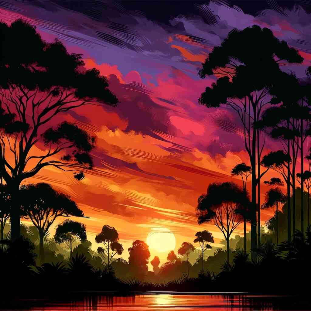 Sunset painting by numbers in a secret forest with vibrant purple, orange, and yellow hues illuminating trees and water.