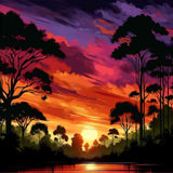 Sunset painting by numbers in a secret forest with vibrant purple, orange, and yellow hues illuminating trees and water.